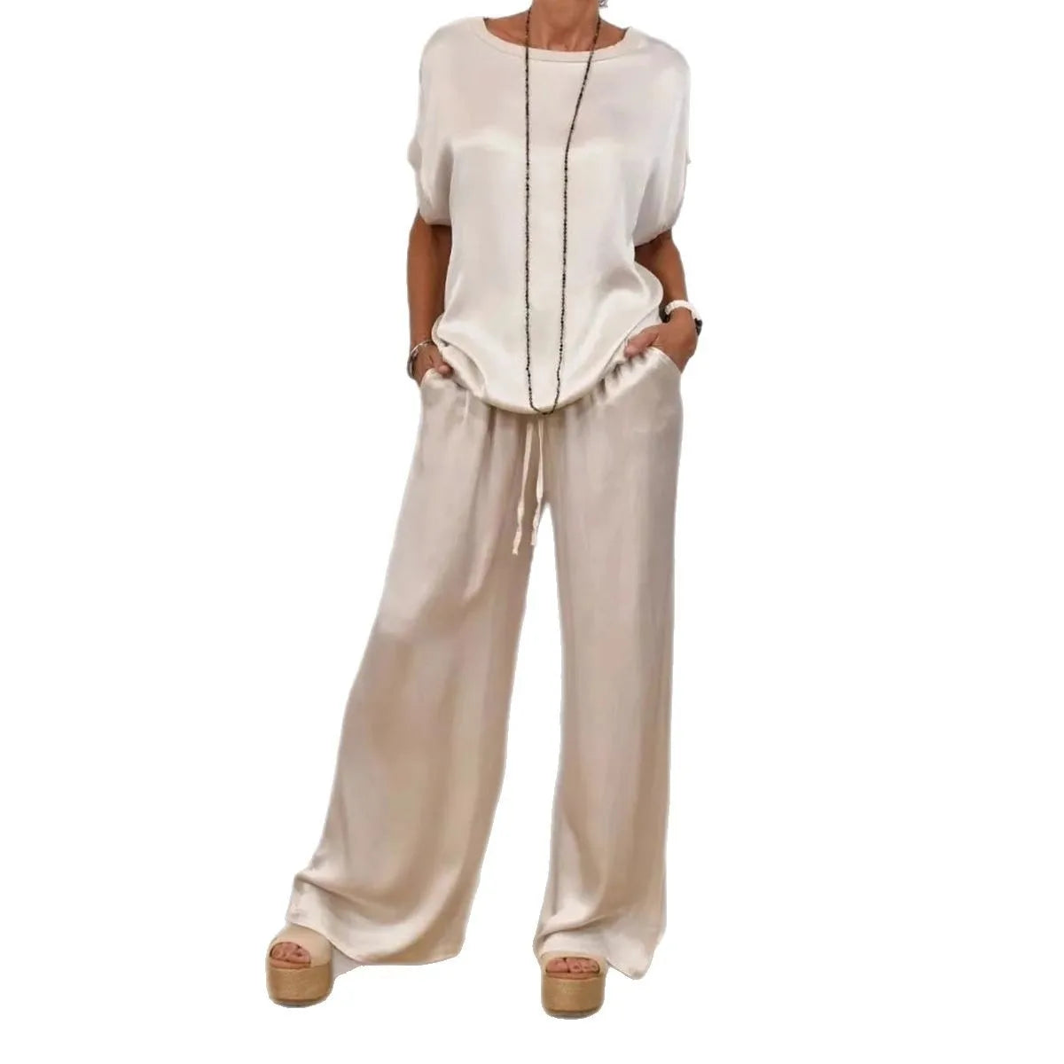 Women's Satin two Piece Set - Casual Loose O-Neck Short Sleeve T-Shirt & Wide Leg Pants Outfit for Spring Summer