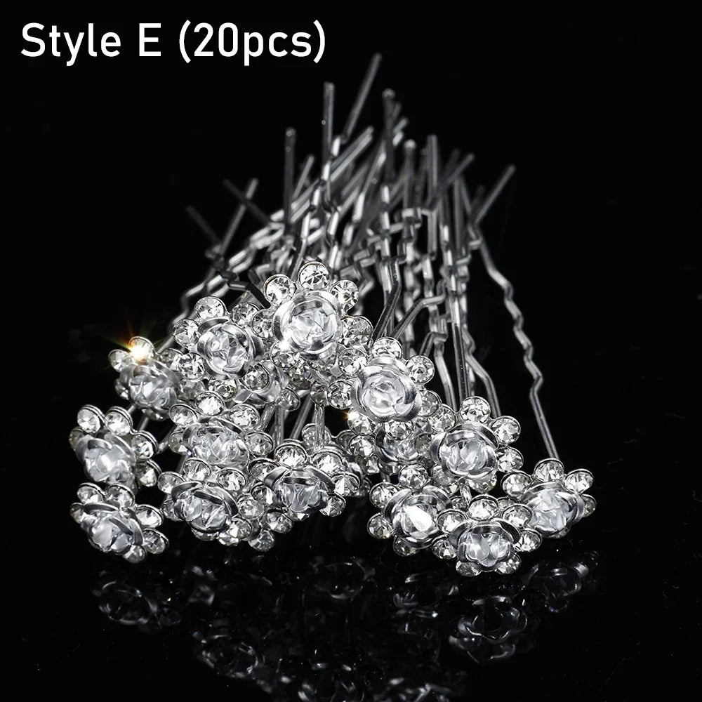 20 pcs Elegant Pearl & Crystal Bridal Hairpins – U-Shaped Metal Hair Forks & Hair Combs for Wedding Hairstyles & Accessories