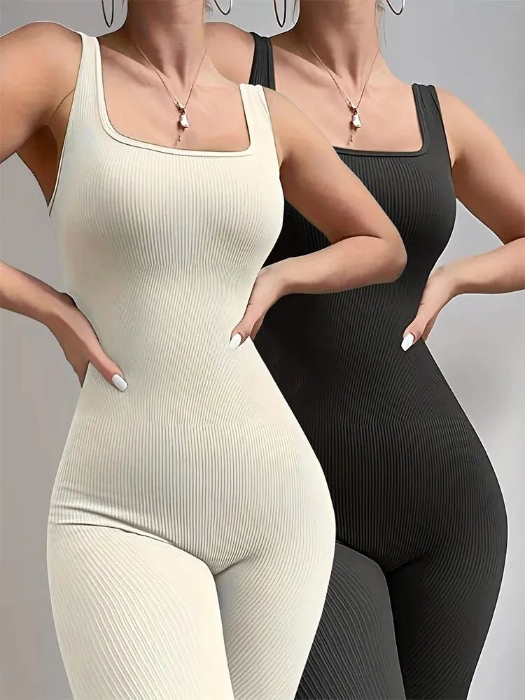 Women's 2-Piece Yoga Jumpsuit Exercise Ribbed Square Collar Sleeveless Vest Sports Jumpsuit