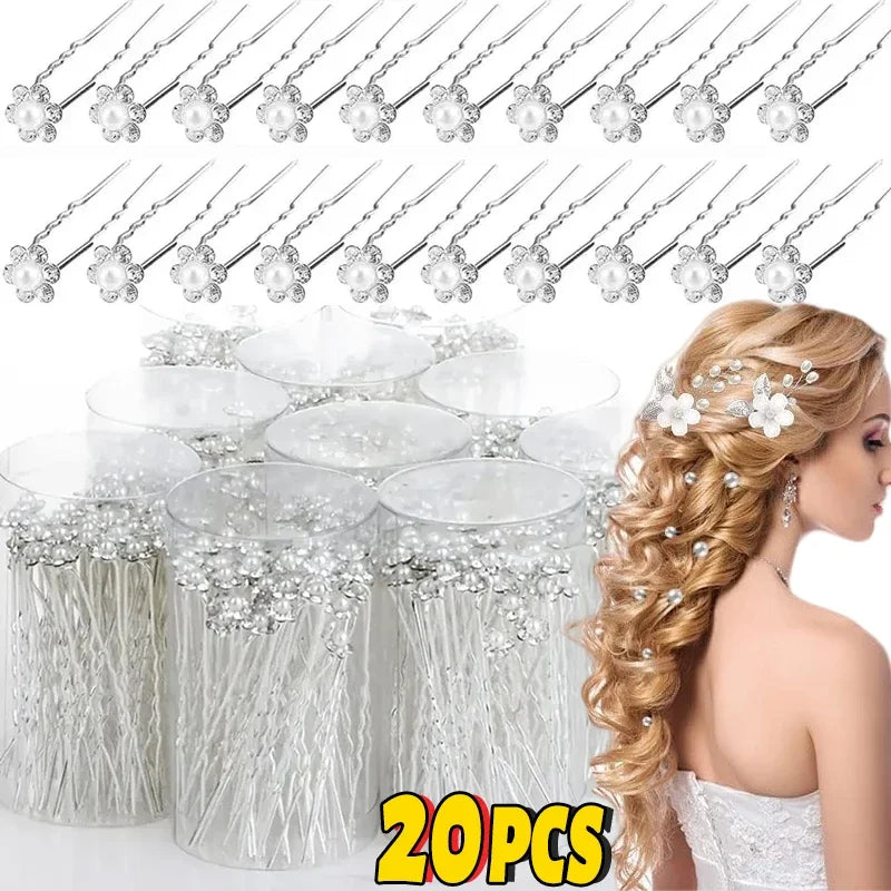 20 pcs Elegant Pearl & Crystal Bridal Hairpins – U-Shaped Metal Hair Forks & Hair Combs for Wedding Hairstyles & Accessories