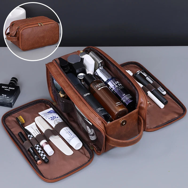 Multi-Pocket Leather Toiletry Bag-Waterproof Hanging Travel Makeup & Cosmetic Organizer for Women & Men