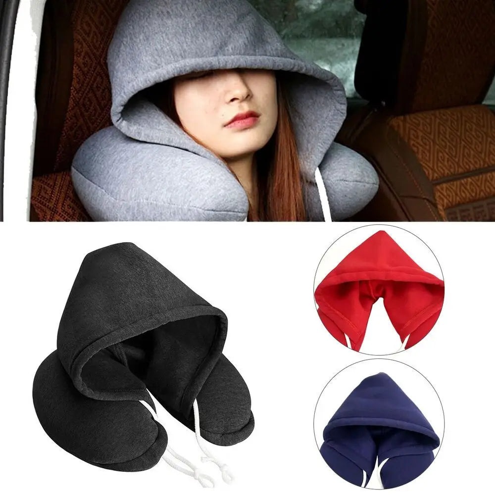 U-Shape Airplane Pillow with Hoodie - Soft Comfortable Hooded Neck Travel Pillow for Flights, Car & Train
