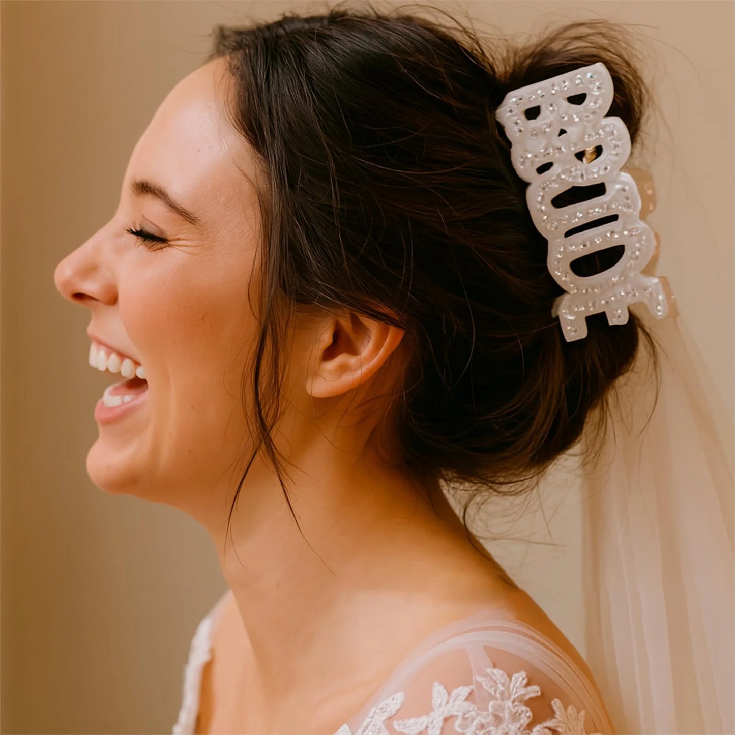 Bride Hair Claw Clip – White Ponytail Holder with Rhinestone Bride Letter Design for Weddings & Bridal Parties