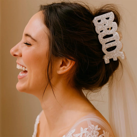 Bride Hair Claw Clip – White Ponytail Holder with Rhinestone Bride Letter Design for Weddings & Bridal Parties