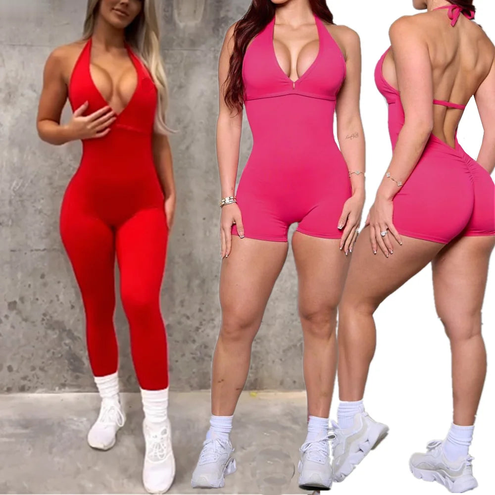 Nylon V Back One Piece Jumpsuit Scrunch Pant Breathable Women's Exercise Clothes
