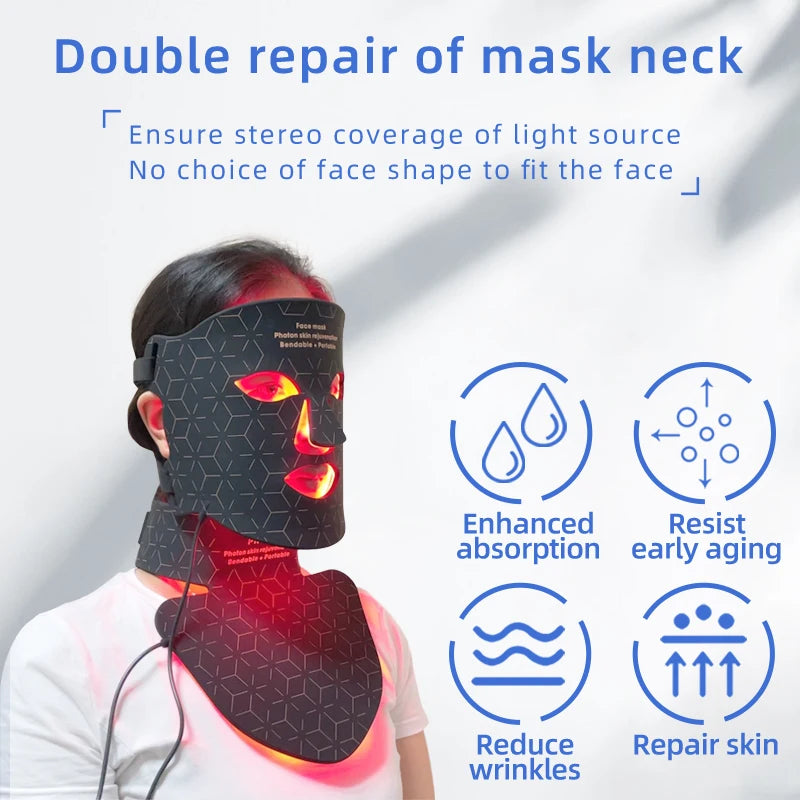 Flexible Silicone LED Face & Neck Mask - Red Light Photon Therapy for Wrinkle Repair & Skin Brightening