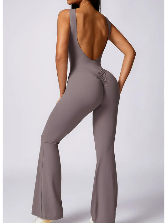 Hollow Out Backless One-Piece Yoga Jumpsuit - Women's Sleeveless Fitness Bodysuit with Flare Legs