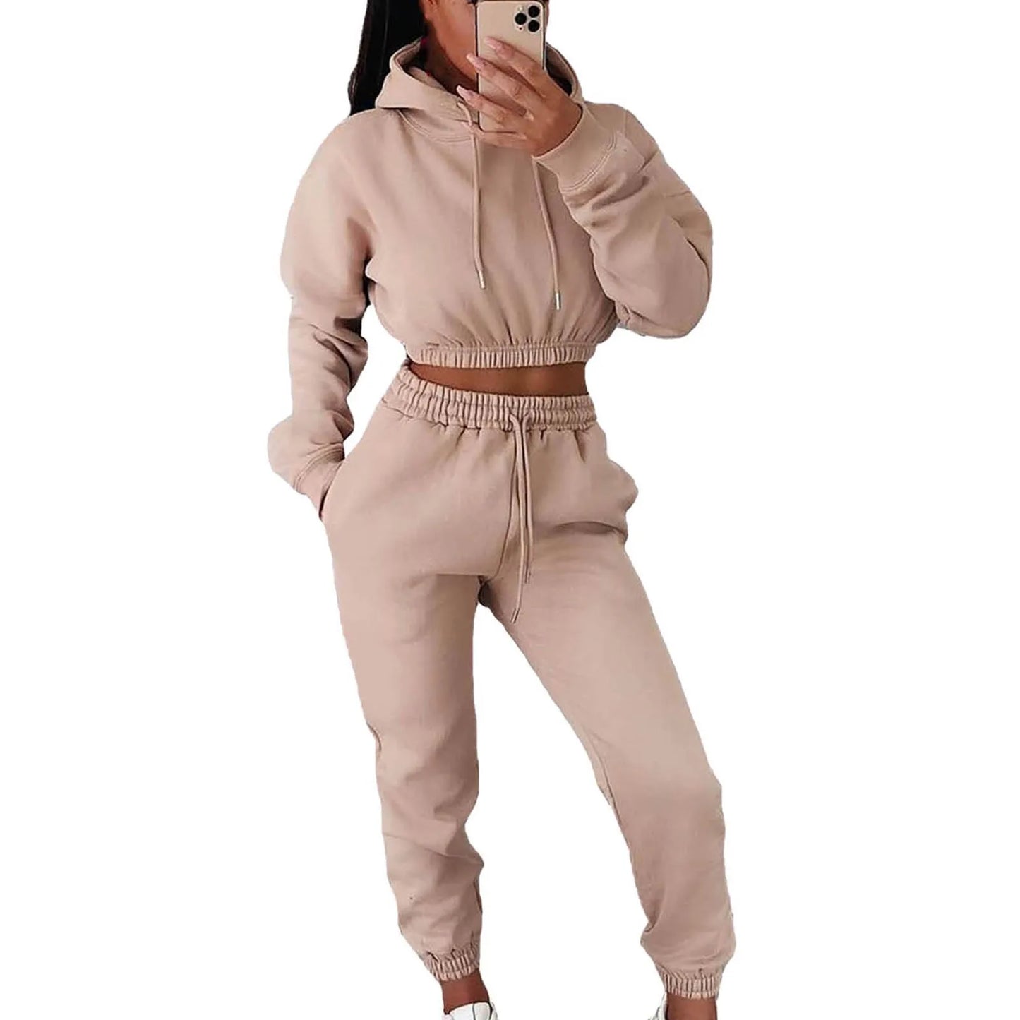 Chic Women's 2-Piece Long Sleeve Crop Top Hoodie & Sweat Pants Set