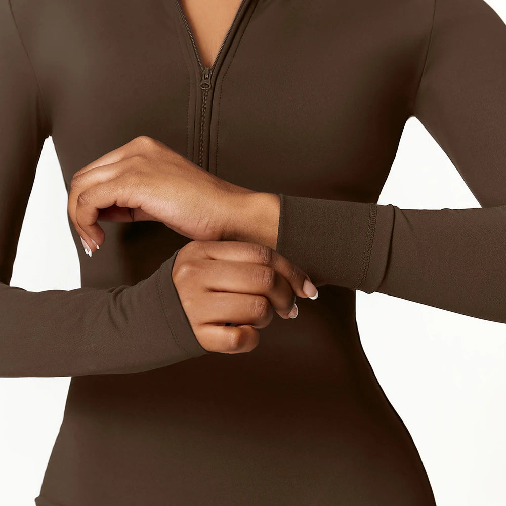 Women's Long-Sleeve Winter Fitness Jumpsuit - Zipper Workout Bodysuit Tracksuit