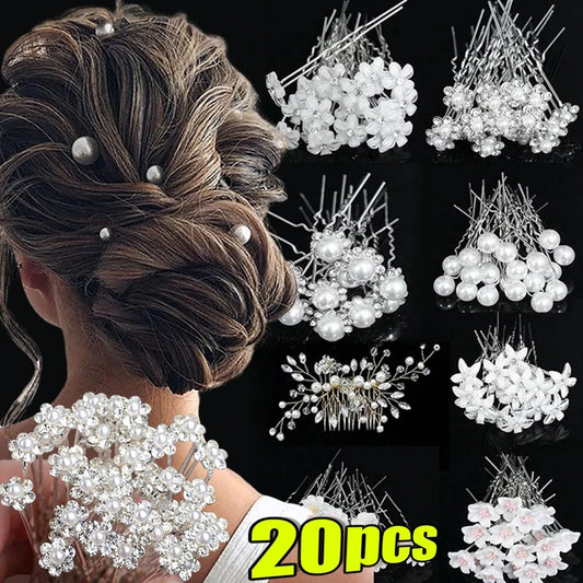 20 pcs Elegant Pearl & Crystal Bridal Hairpins – U-Shaped Metal Hair Forks & Hair Combs for Wedding Hairstyles & Accessories