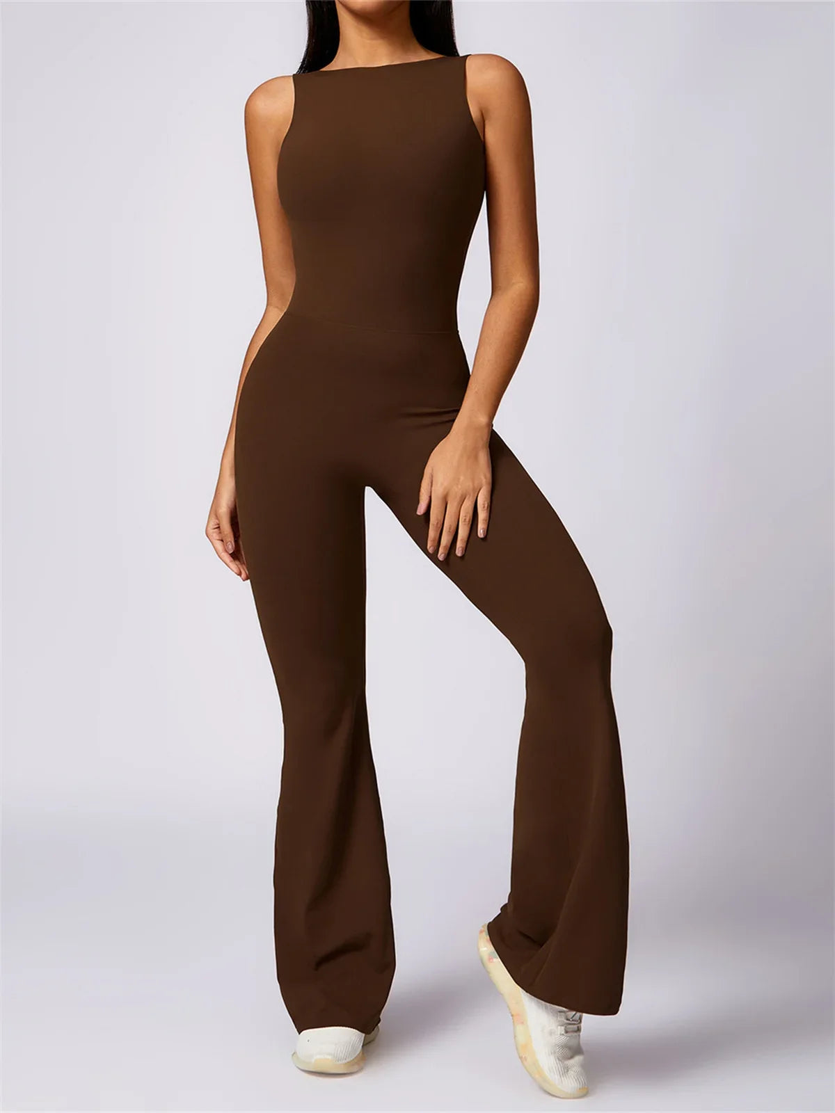 Hollow Out Backless One-Piece Yoga Jumpsuit - Women's Sleeveless Fitness Bodysuit with Flare Legs