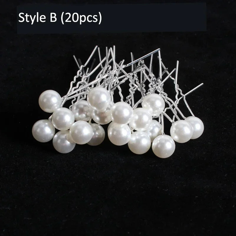 20 pcs Elegant Pearl & Crystal Bridal Hairpins – U-Shaped Metal Hair Forks & Hair Combs for Wedding Hairstyles & Accessories