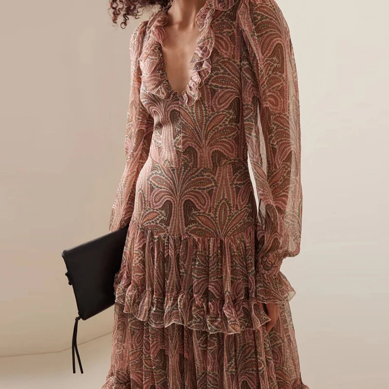 Elegant French Style Floral Maxi Dress: Pleated Ruffle V-Neck – Vintage Boho Charm for Every Occasion!