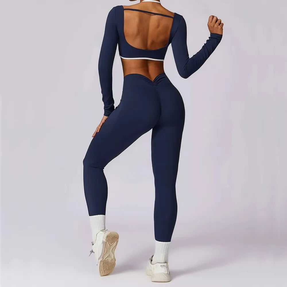 Yoga Set 2PCS Women Sportswear Push Up Bra Crop Top Long Sleeve & Leggings Sports Suits