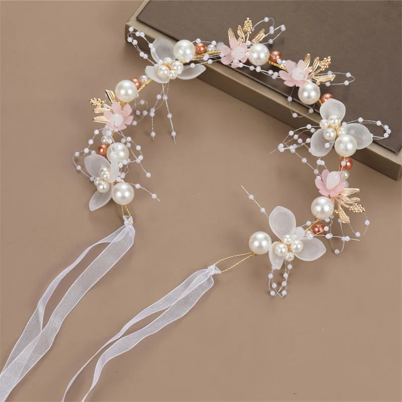 Bohemian Girls Bridal Pearl Hair Headdress Flower Wreath