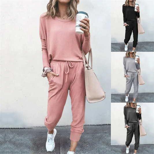 Women's Long Sleeve Pajama Set - Casual Solid Color Round Neck Top & Pants / Simple O-Neck 2 Piece Loungewear Outfit