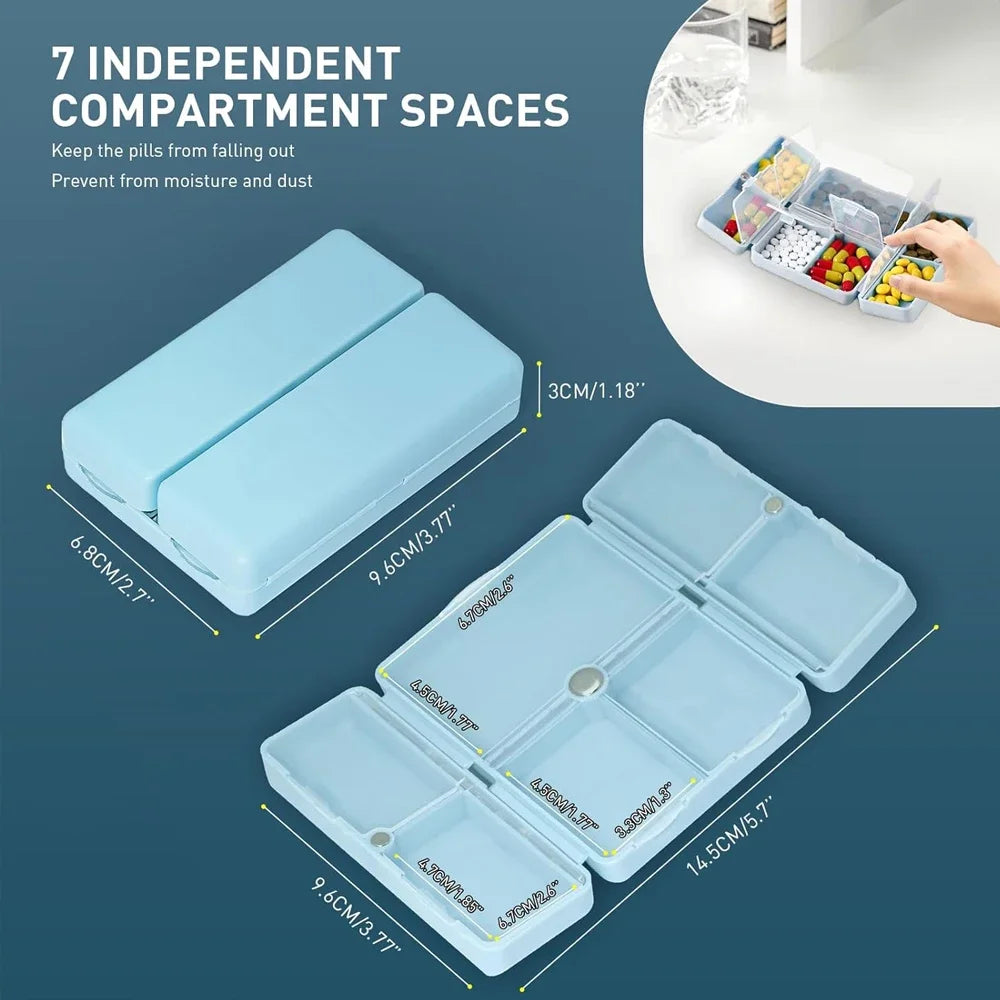 Magnetic Foldable Weekly Pill Organizer - 7-Compartment Portable Pill Case for Vitamins & Medication - Pocket & Purse-Friendly Travel Pill Box