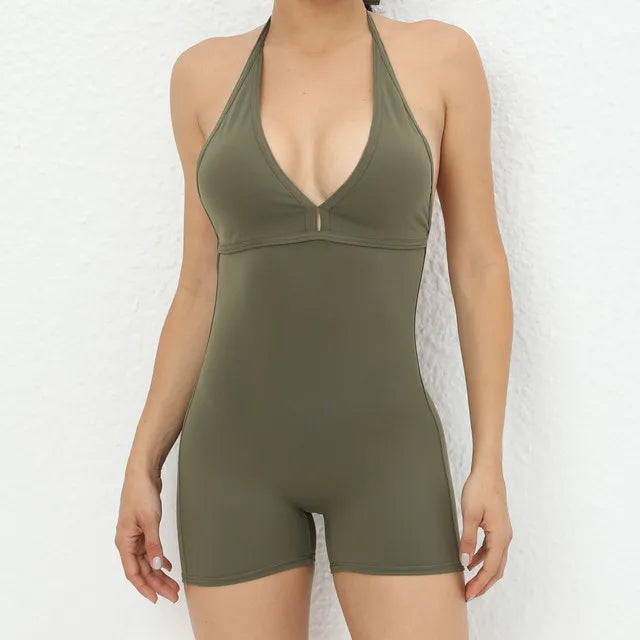 Nylon V Back One Piece Jumpsuit Scrunch Pant Breathable Women's Exercise Clothes