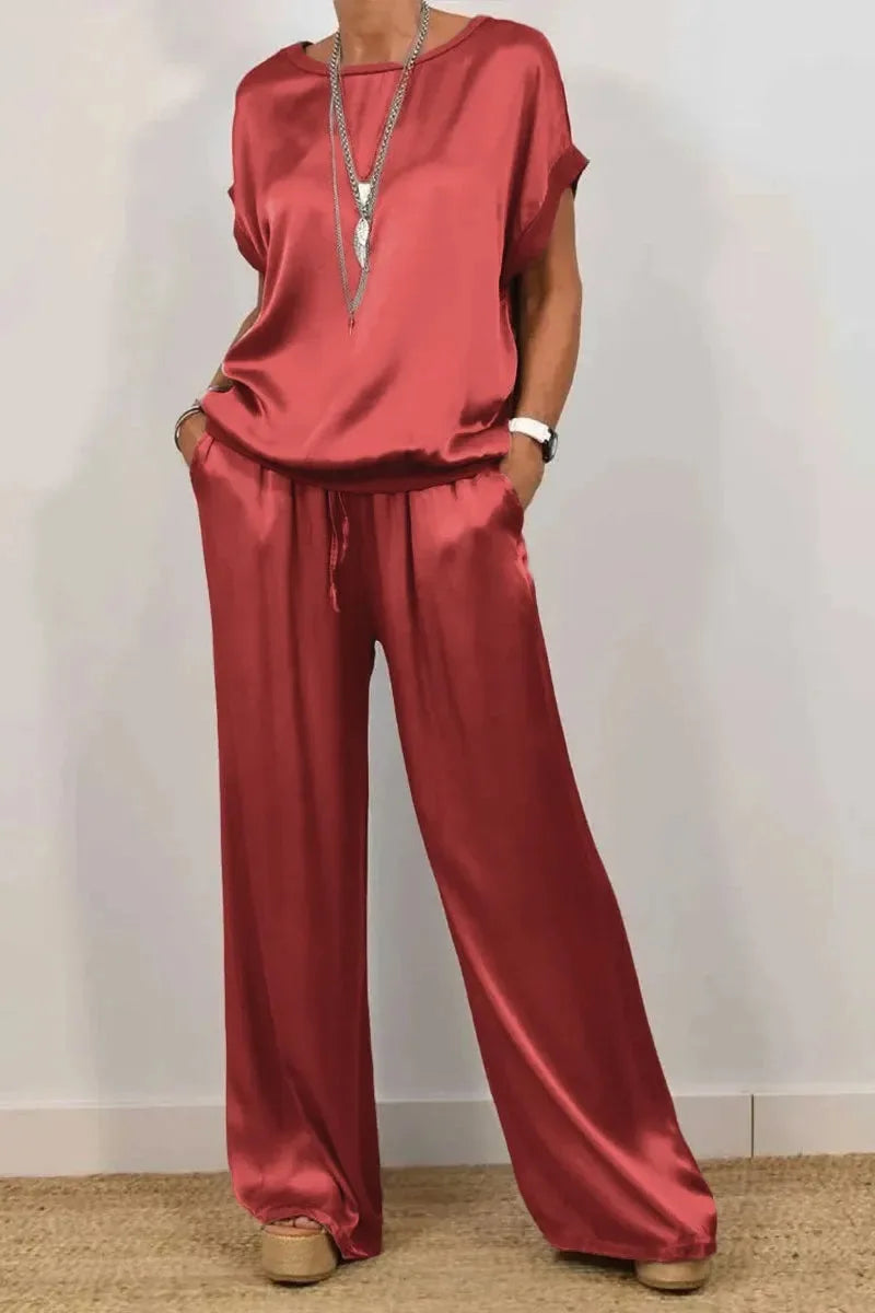 Women's Satin two Piece Set - Casual Loose O-Neck Short Sleeve T-Shirt & Wide Leg Pants Outfit for Spring Summer