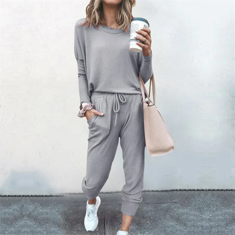 Women's Long Sleeve Pajama Set - Casual Solid Color Round Neck Top & Pants / Simple O-Neck 2 Piece Loungewear Outfit