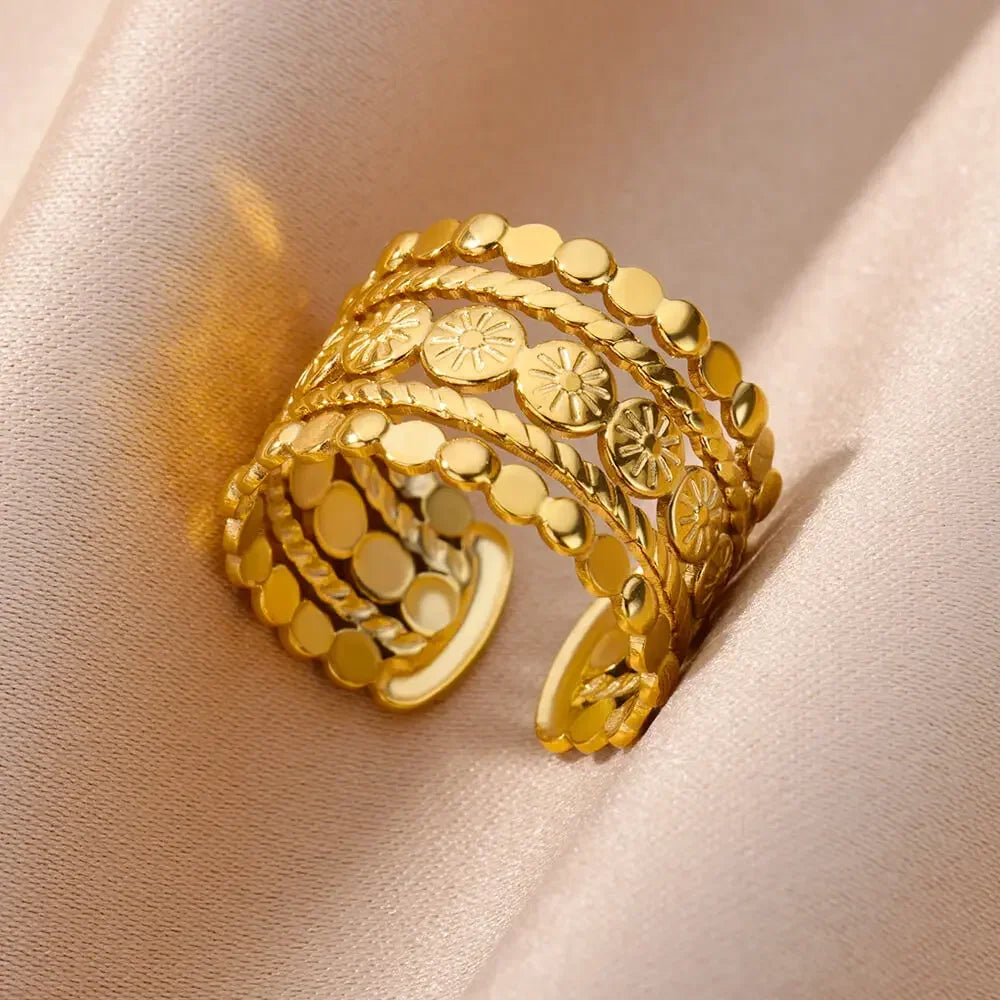316L Stainless Steel Geometric Open Ring for Women - Gold Color, Waterproof & Tarnish-Resistant Vintage Aesthetic Jewelry