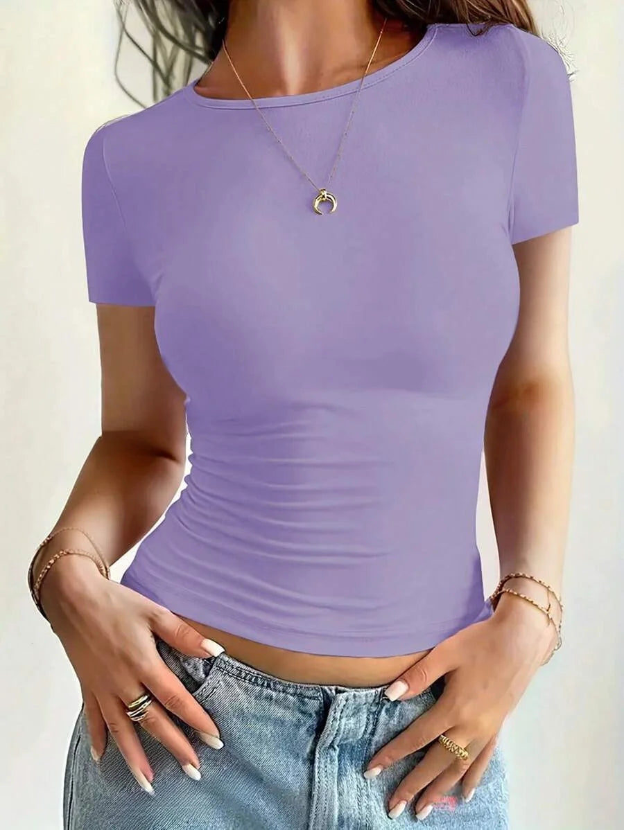 Women's Slim Fit Scoop Neck Short Sleeve Crop Top T-Shirts