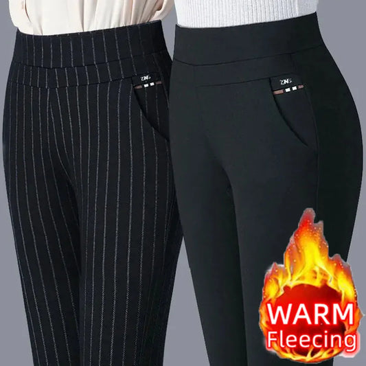 Warm Winter Fleece Lined Pencil Pants for Women - Plush Stretch Skinny Trousers
