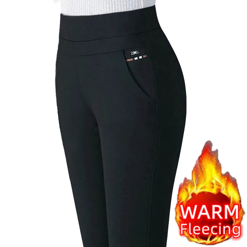 Warm Winter Fleece Lined Pencil Pants for Women - Plush Stretch Skinny Trousers