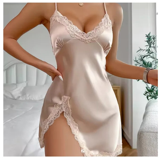 Women's White Satin Lace Nightgown - Backless Mini Lingerie Sleepwear