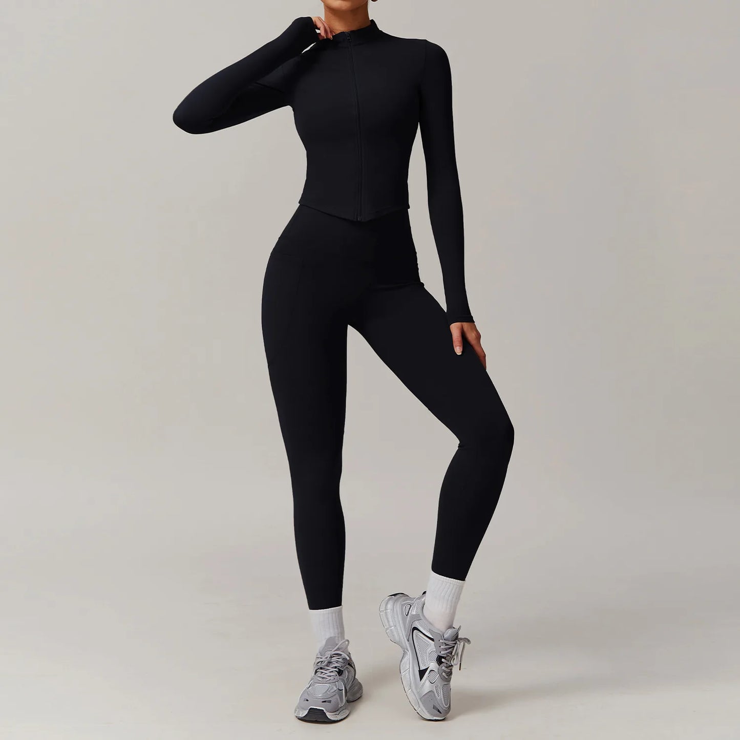 2 Pieces Yoga Set Fitness Jacket Long Sleeve High Waist Leggings Sports Suit