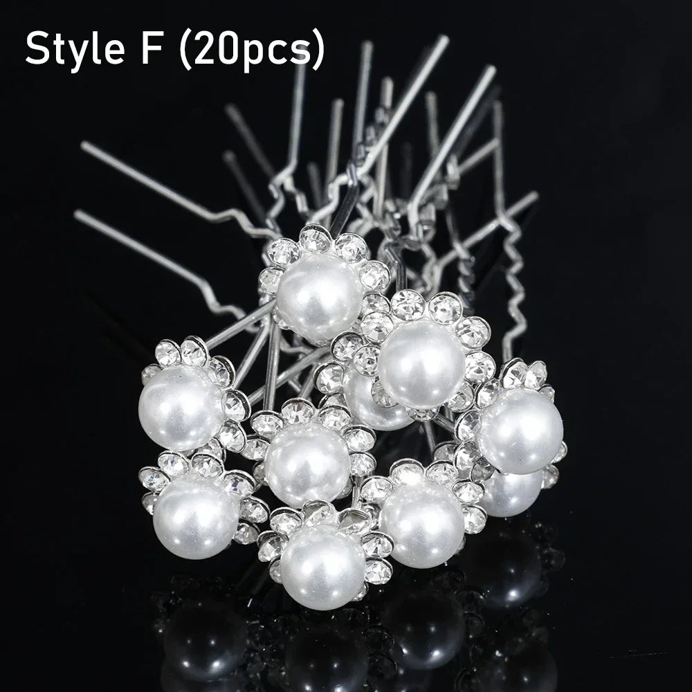 20 pcs Elegant Pearl & Crystal Bridal Hairpins – U-Shaped Metal Hair Forks & Hair Combs for Wedding Hairstyles & Accessories