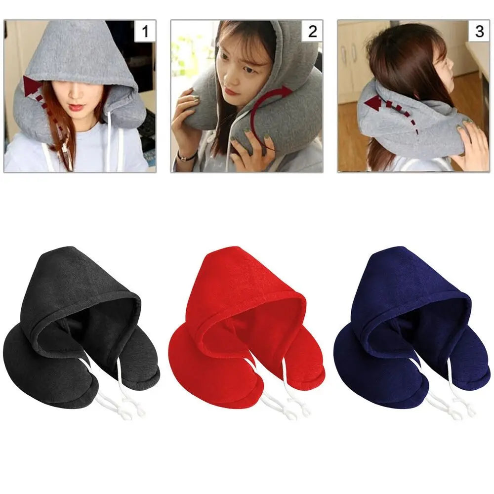U-Shape Airplane Pillow with Hoodie - Soft Comfortable Hooded Neck Travel Pillow for Flights, Car & Train