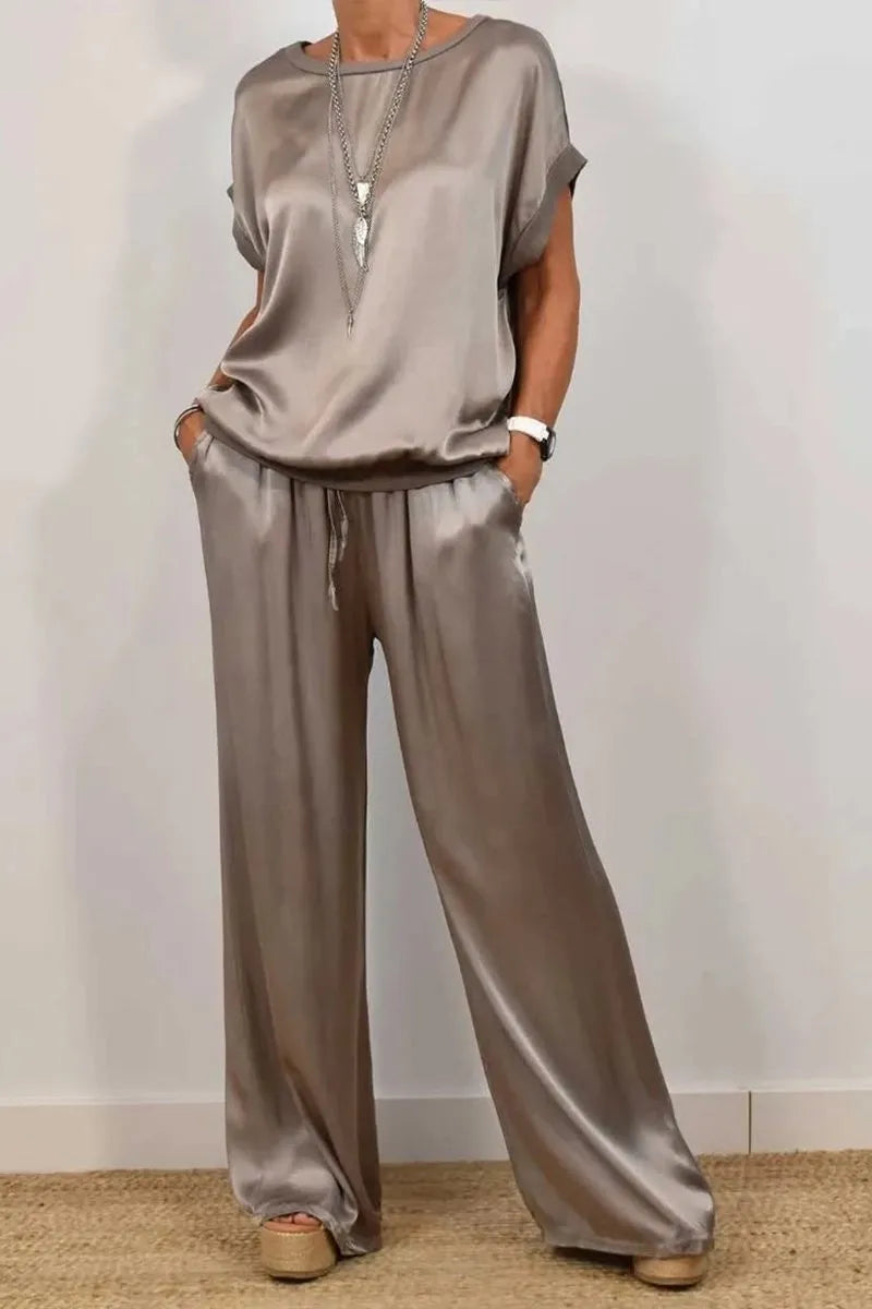 Women's Satin two Piece Set - Casual Loose O-Neck Short Sleeve T-Shirt & Wide Leg Pants Outfit for Spring Summer