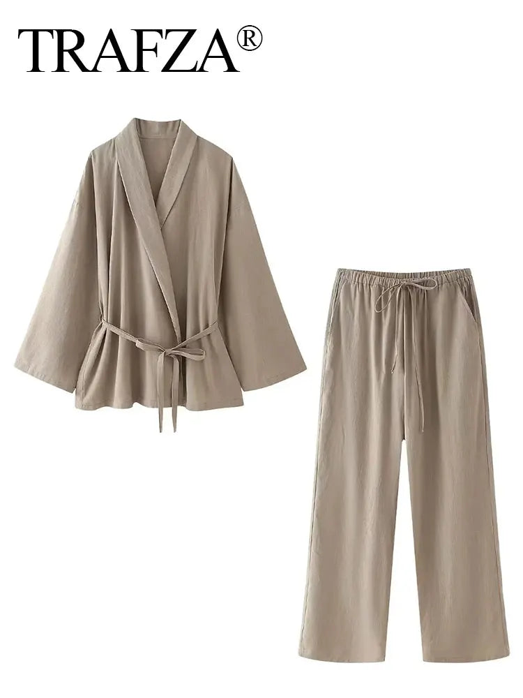 Women's Wide Leg Pants Suit Set - Fashion Lapel V-Neck Long Sleeve Blazer with Belt / Elegant Solid Color Outfit