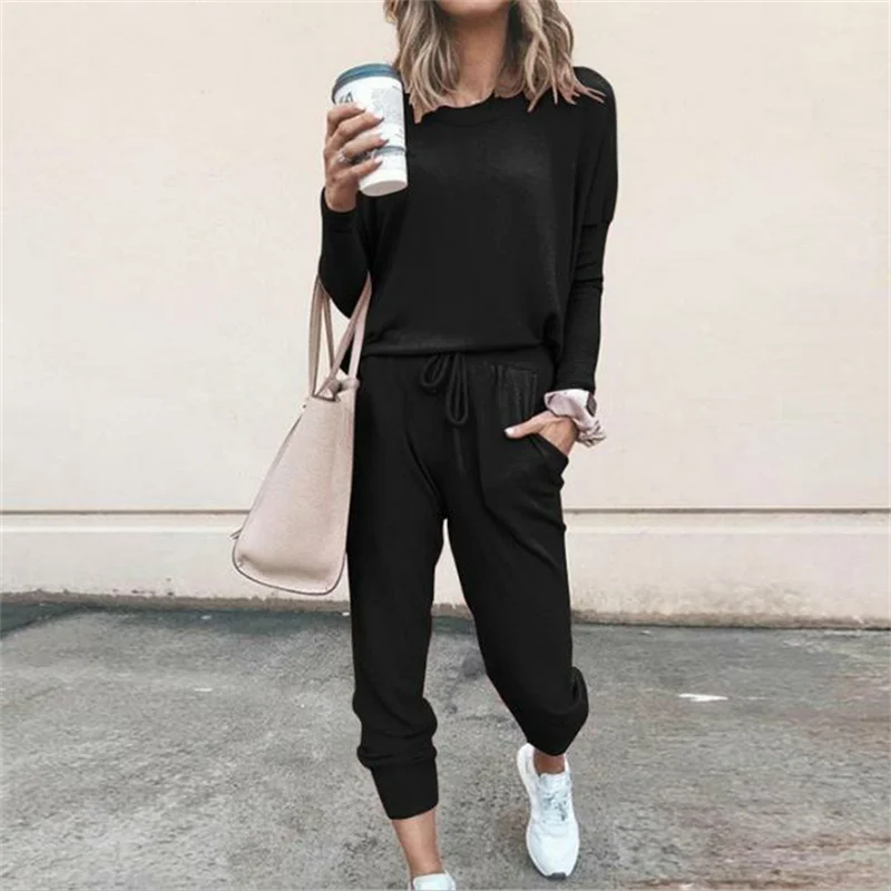 Women's Long Sleeve Pajama Set - Casual Solid Color Round Neck Top & Pants / Simple O-Neck 2 Piece Loungewear Outfit