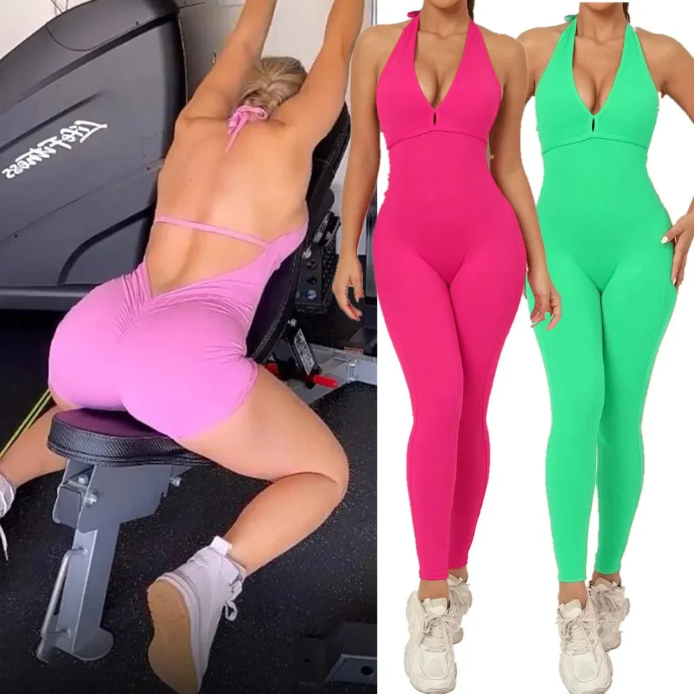 Nylon V Back One Piece Jumpsuit Scrunch Pant Breathable Women's Exercise Clothes