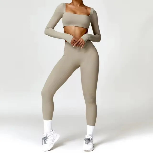 Yoga Set 2PCS Sportswear Legging & Fitness Bra Crop Top Long Sleeve Tracksuit