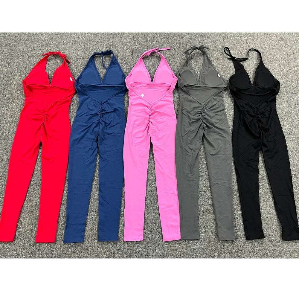 Nylon V Back One Piece Jumpsuit Scrunch Pant Breathable Women's Exercise Clothes