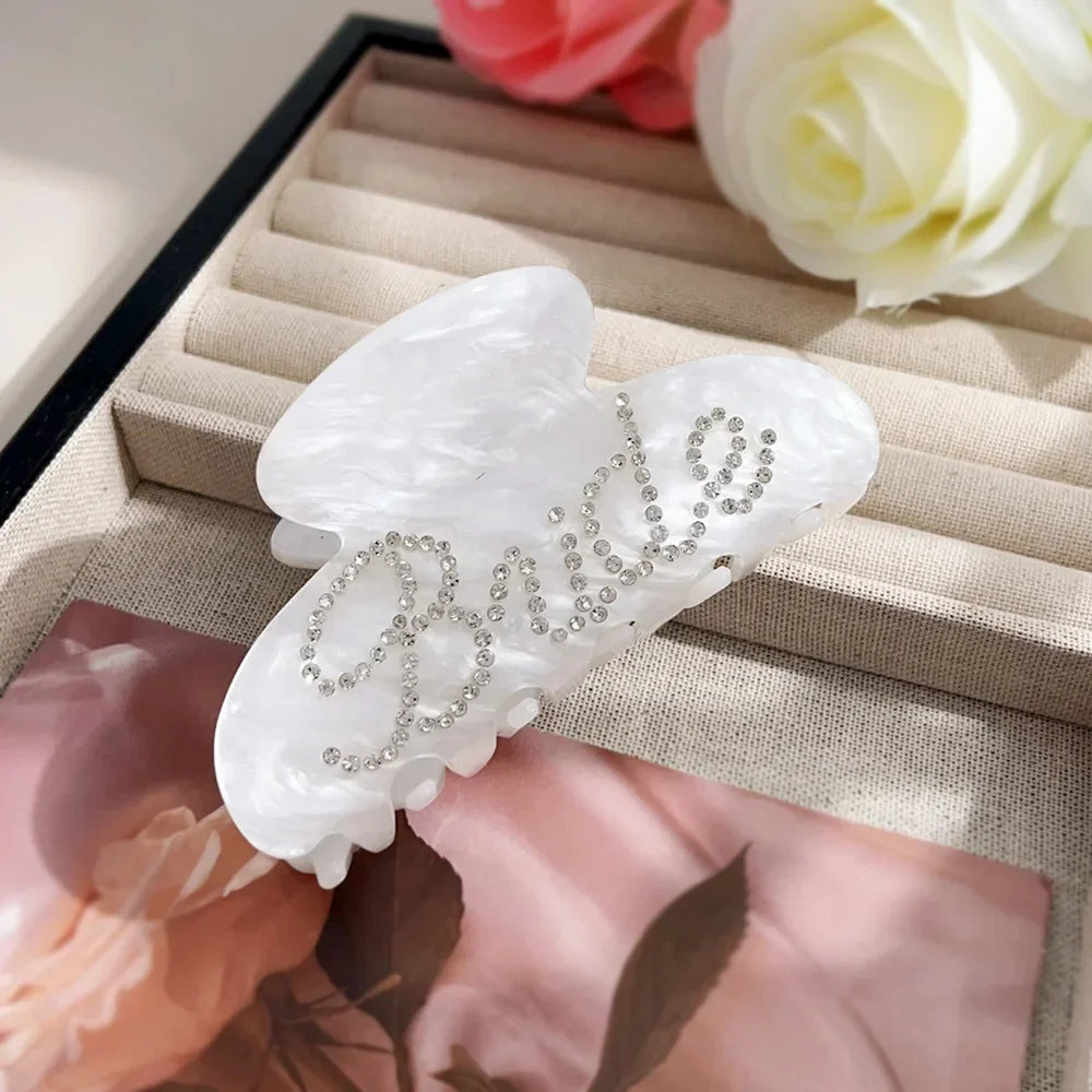 Bride Hair Claw Clip – White Ponytail Holder with Rhinestone Bride Letter Design for Weddings & Bridal Parties