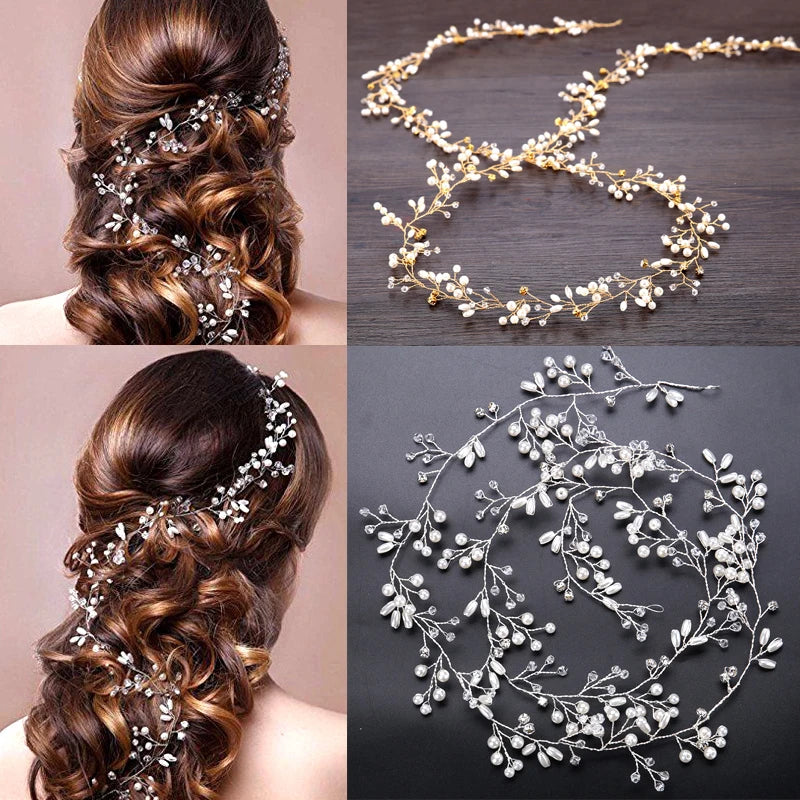 Crystal & Pearl Bridal Tiara Headband – Rhinestone Hair Vine Wedding Accessory for Brides & Women