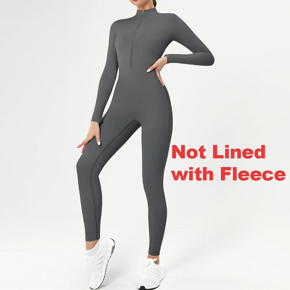 Women's Long-Sleeve Winter Fitness Jumpsuit - Zipper Workout Bodysuit Tracksuit
