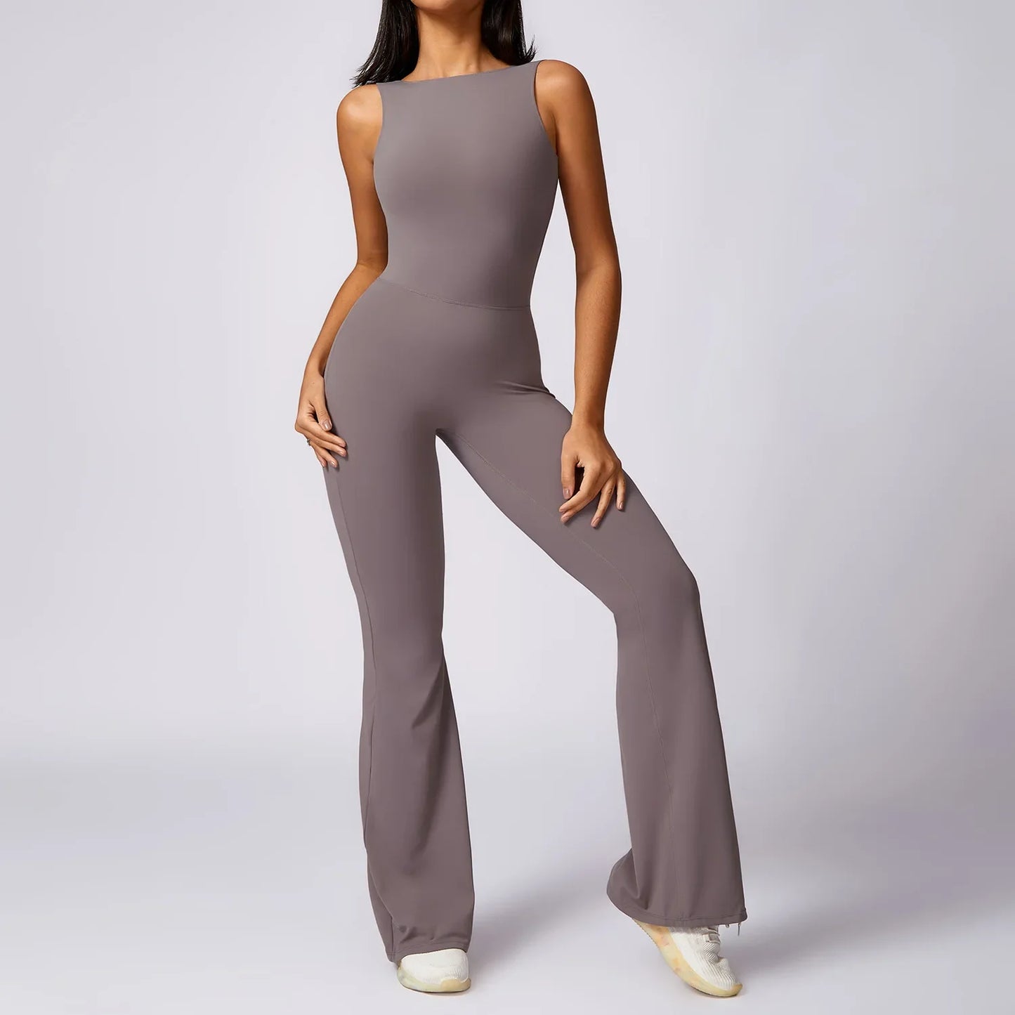 Hollow Out Backless One-Piece Yoga Jumpsuit - Women's Sleeveless Fitness Bodysuit with Flare Legs