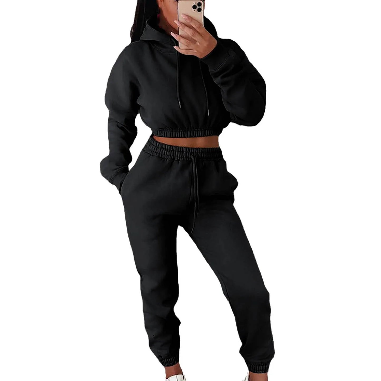 Chic Women's 2-Piece Long Sleeve Crop Top Hoodie & Sweat Pants Set