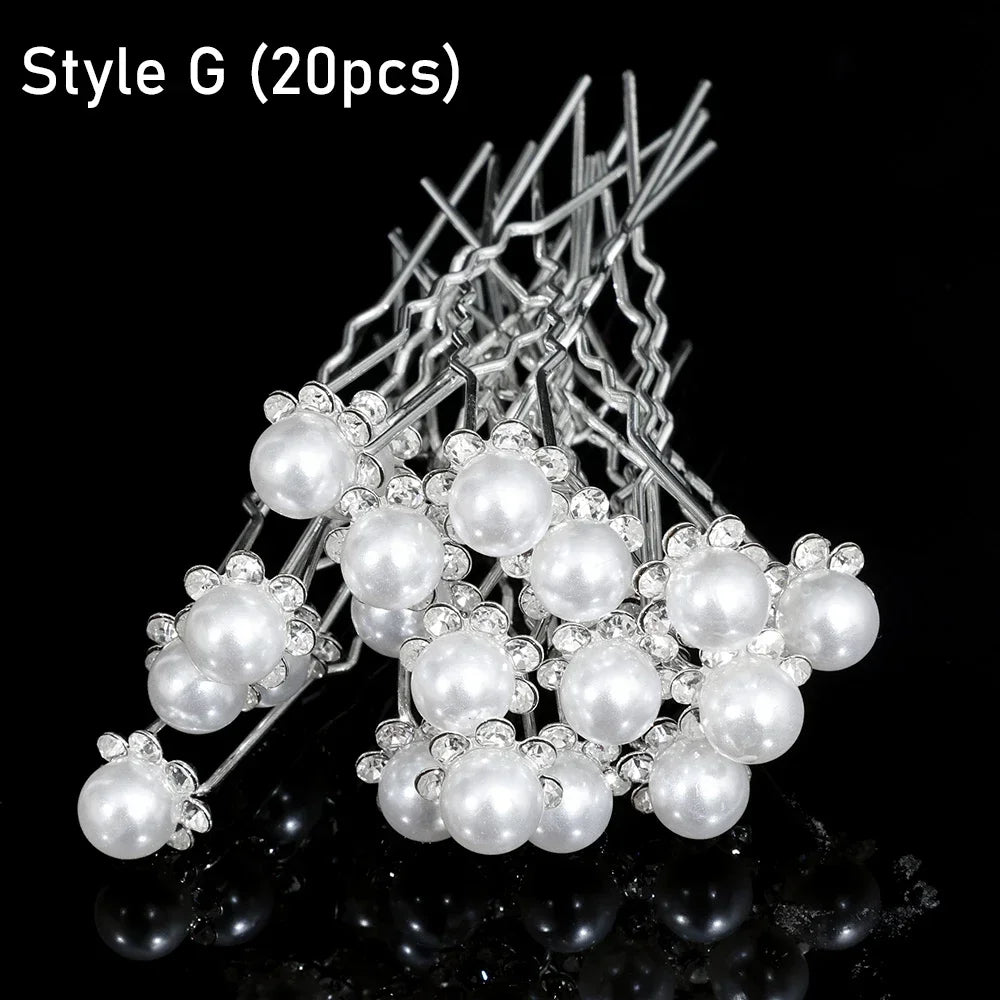 20 pcs Elegant Pearl & Crystal Bridal Hairpins – U-Shaped Metal Hair Forks & Hair Combs for Wedding Hairstyles & Accessories