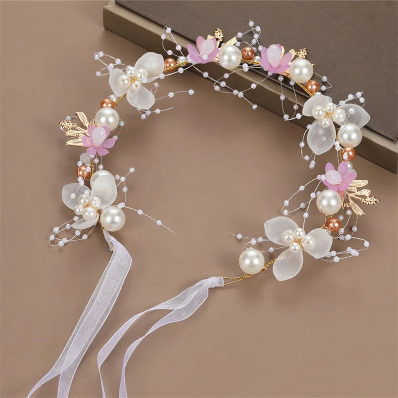 Bohemian Girls Bridal Pearl Hair Headdress Flower Wreath