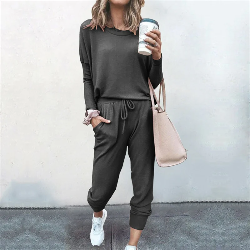 Women's Long Sleeve Pajama Set - Casual Solid Color Round Neck Top & Pants / Simple O-Neck 2 Piece Loungewear Outfit