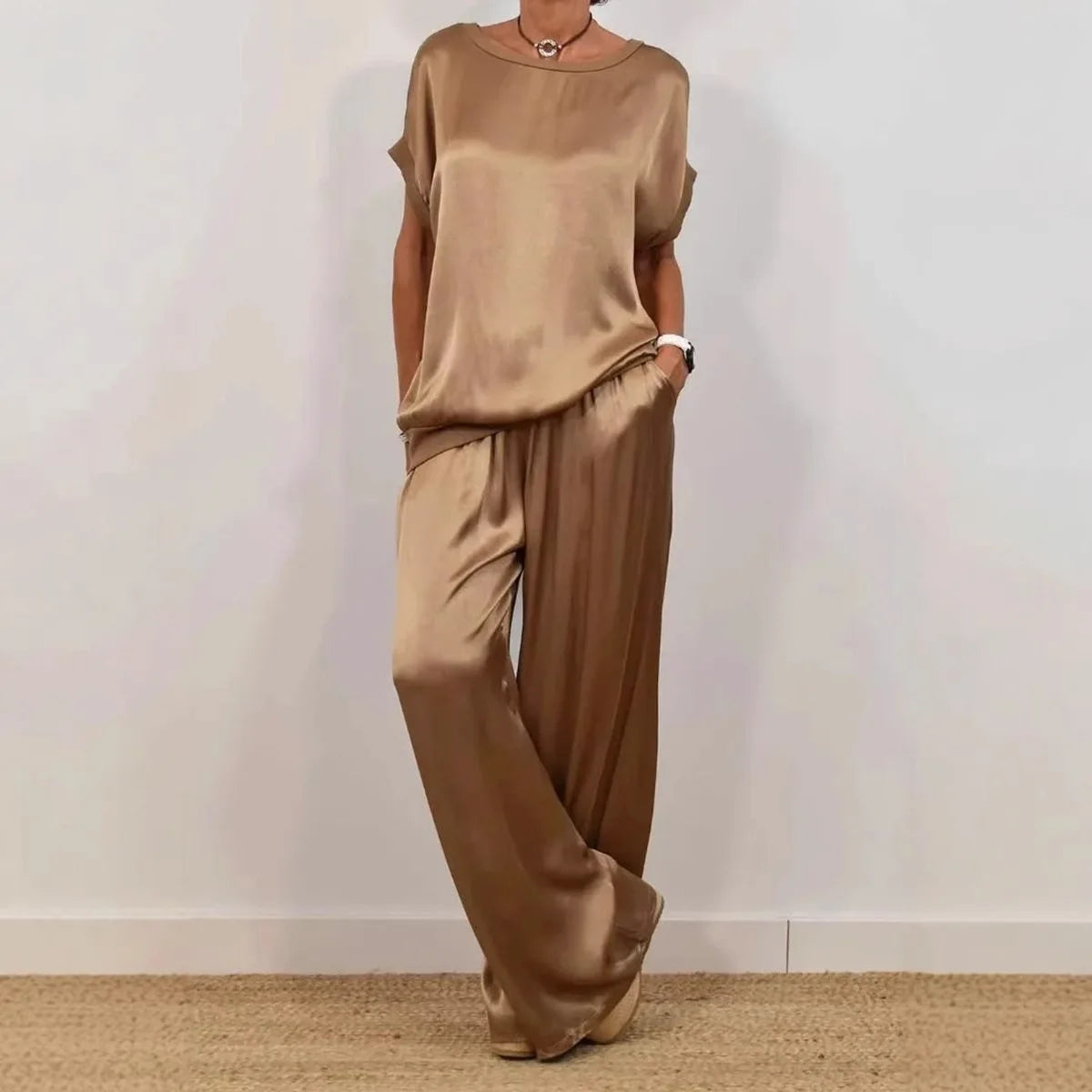 Women's Satin two Piece Set - Casual Loose O-Neck Short Sleeve T-Shirt & Wide Leg Pants Outfit for Spring Summer
