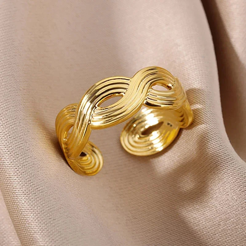 316L Stainless Steel Geometric Open Ring for Women - Gold Color, Waterproof & Tarnish-Resistant Vintage Aesthetic Jewelry