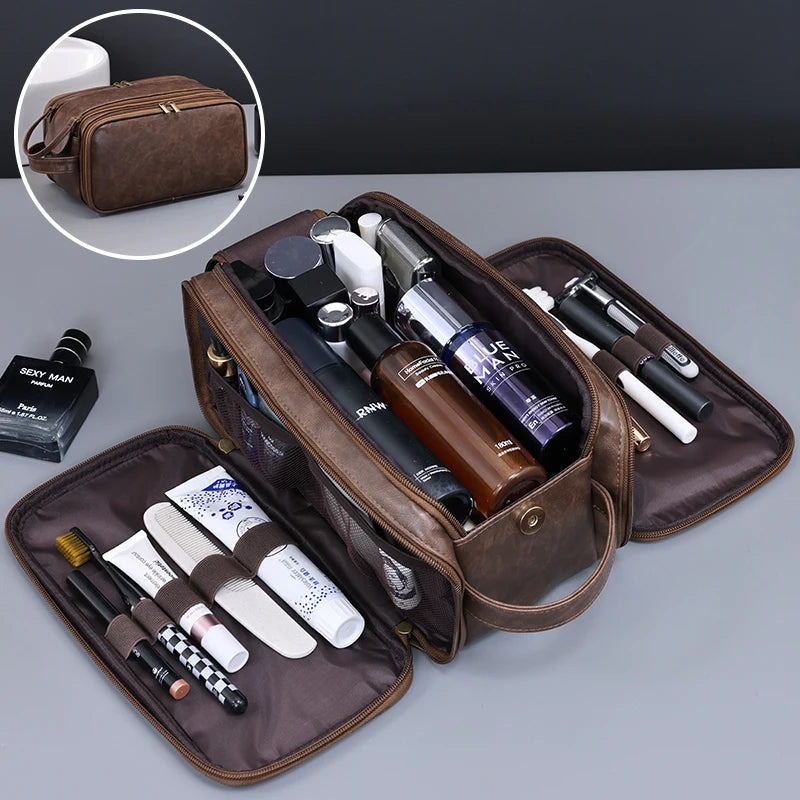 Multi-Pocket Leather Toiletry Bag-Waterproof Hanging Travel Makeup & Cosmetic Organizer for Women & Men