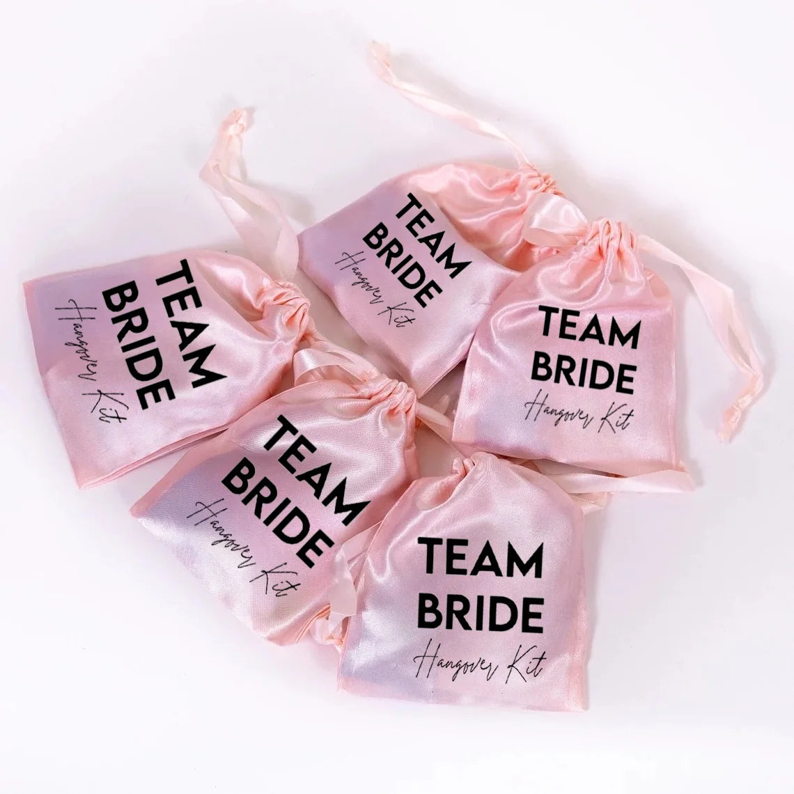 5 pcs Pink Team Bride Hangover Satin Gift Bags Bridal Showers Bachelorette Parties & Wedding Favors Decoration